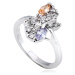 Lesklý prsten z kovu - stříbrný, květ, barevné zirkony v diagonále