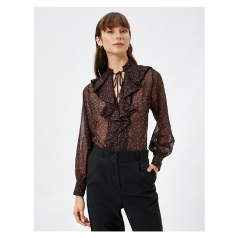 Koton Floral Chiffon Shirt with Frilled Collar Tie Detail Long Sleeves
