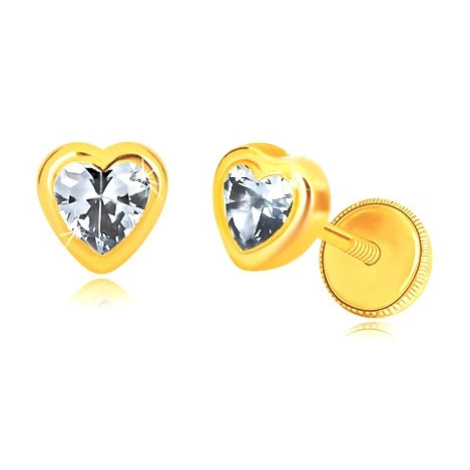 Náušnice ze žlutého zlata 585 - lesklý obrys symetrického srdce, srdíčkovitý zirkon Šperky eshop