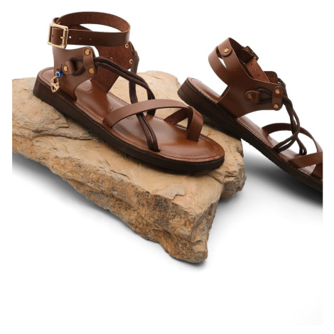 Marjin Women's Genuine Leather Accessoried Eva Sole With Crossed Threads Detail Daily Sandals Ri