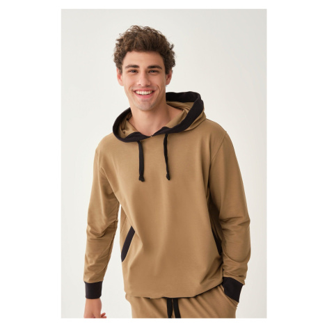 Dagi Light Brown Hooded Ribbed Cotton Sweatshirt