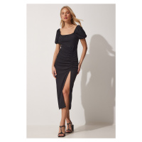 Happiness İstanbul Women's Black Shirred Wrap Summer Knitted Dress
