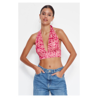 Trendyol Pink Printed Halterneck Fitted Super Crop Stretchy Knit Blouse