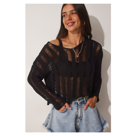 Happiness İstanbul Women's Black V-Neck Ripped Detail Seasonal Crop Knitwear Sweater