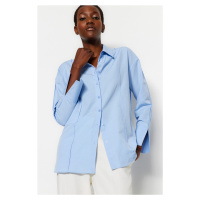 Trendyol Light Blue Rib Detailed Oversize Wide Cut Woven Shirt with Slits on the Sleeves