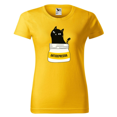 DOBRÝ TRIKO Dámské tričko s potiskem s kočkou ANTIDEPRESIVA Barva: Žlutá