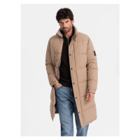 Men's quilted long jacket with detachable hood - beige V2 OM-JALJ-0190