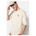 Trendyol Beige Oversize Crew Neck Krátký rukáv Fox Vyšívané tričko ze 100% bavlny