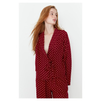 Trendyol Burgundy Heart Patterned Tie Detailed Shirt-Pants Woven Pajama Set