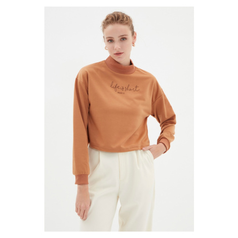 Trendyol Camel Basic Stand Up Collar Printed Slim Knitted Sweatshirt