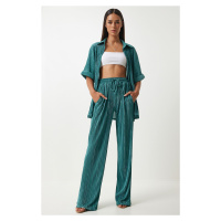 Happiness İstanbul Women's Green Pleated Shirt and Trousers Set