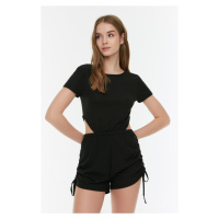 Trendyol Black Window/Cut-Out Shirring Detailed Corduroy Knitted Overalls