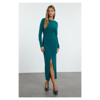 Trendyol Emerald Green Plain Crew Neck Bodycon Draped Wrap Flexible Maxi Knit Dress