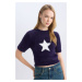 DEFACTO Coool Fitted Crew Neck Star Printed Short Sleeve Plush Knit Sweater