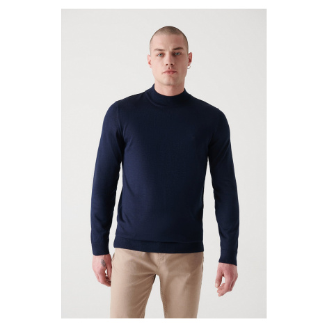 Avva Men's Navy Blue Half Turtleneck Wool Blended Regular Fit Knitwear Sweater