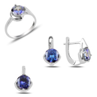 Klenoty Amber Luxusní sada s barevnými zirkony - prsten, náušnice a přívěsek - tmavě modrá