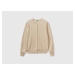 Benetton, Beige Crew Neck Cardigan In Pure Merino Wool