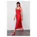 Trendyol Red Straight Cut Back Tie Detailed Midi Woven Dress