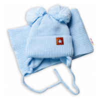 Dětská zimní čepice s šálou STAR - modrá s bambulkami, BABY NELLYS, vel.
