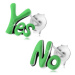 Puzetové náušnice ze stříbra 925, patinovaná slova Yes a No, zelená glazura