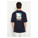 Trendyol Navy Blue Oversize/Wide Cut 100% Cotton Tropical Back Printed T-Shirt