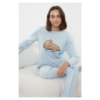 Trendyol Blue 100% Cotton Teddy Bear and Slogan Printed Knitted Pajama Set