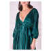 Smaragdové lesklé midi šaty s plisovanou sukní