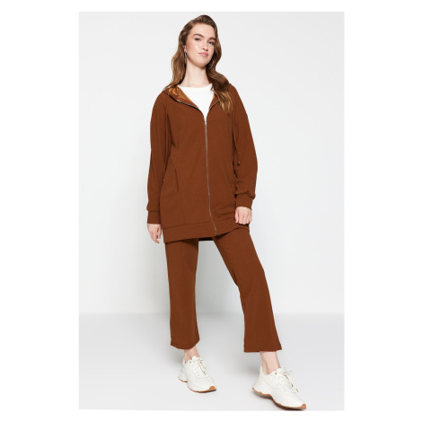 Trendyol Brown Hooded and Zippered Knitted Tracksuit Set