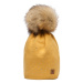 Hořčicově žlutá čepice Woolk s hnědou bambulí a kamínky