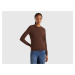 Benetton, Dark Brown Crew Neck Sweater In Pure Merino Wool