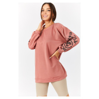 armonika Women's Dried Rose Round Neck Tunic with Embossed Sleeves