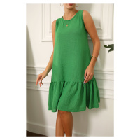 armonika Women's Green Linen Look Textured Sleeveless Dress with Frill Skirt