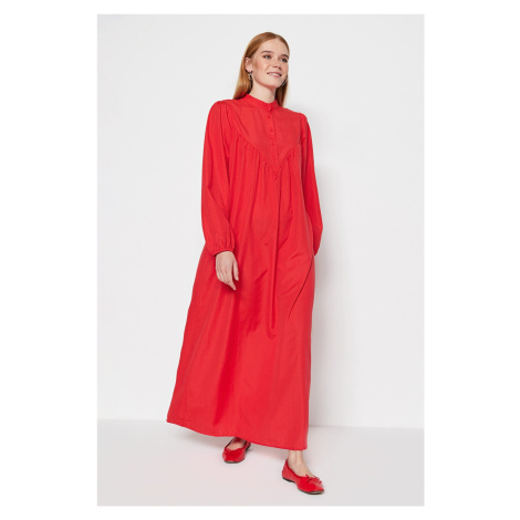 Trendyol Red Front Gathered Detailed Balloon Sleeve Half Pat Cotton Woven Dress