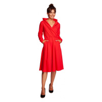 B245 Široké šaty se zavinovačkou a kapucí - červené