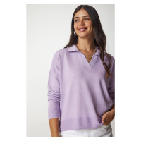 Happiness İstanbul Women's Lilac Polo Collar Basic Sweater