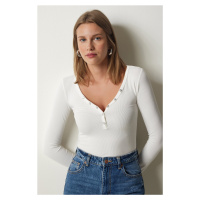 Happiness İstanbul Women's White Buttoned Collar Ribbed Crop Knitted Blouse