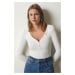 Happiness İstanbul Women's White Buttoned Collar Ribbed Crop Knitted Blouse