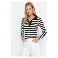 Trendyol Black Striped Soft Fabric Fitted/Simple Polo Collar Flexible Knitted Blouse with Button