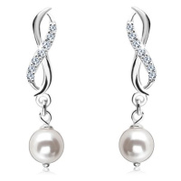 Stříbrné náušnice 925, symbol nekonečna ze dvou vlnek, bílá kulatá perlička