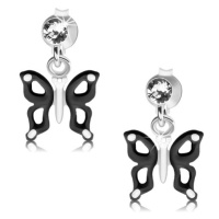 Stříbrné náušnice 925, černobílý motýlek s výřezy na křídlech, krystal