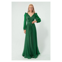 Dámské smaragdově zelené šaty Lafaba, s dvojitým límcem, třpytivým dlouhým rozšířeným večerním š