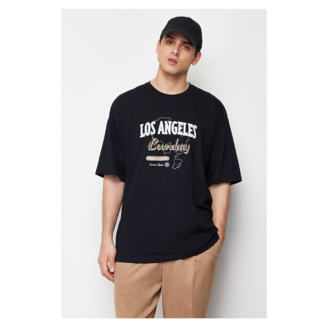 Trendyol Black Oversize City Printed Embroidery 100% Cotton T-Shirt