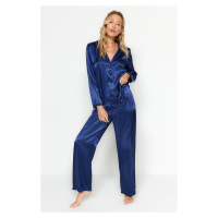 Trendyol Navy Blue Satin Shirt-Pants Woven Pajamas Set