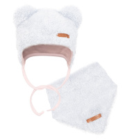 Zimní kojenecká čepička s šátkem na krk New Baby Teddy bear šedo růžová