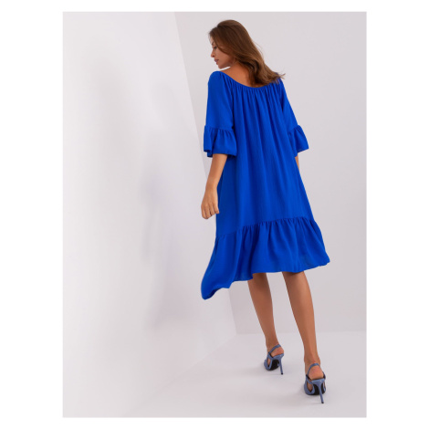 Kobaltově modré šaty s volánem a 3/4 rukávy Fashionhunters