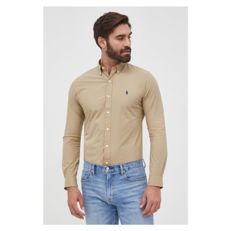 Košile Polo Ralph Lauren pánská, béžová barva, slim, s límečkem button-down
