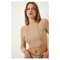 Happiness İstanbul Biscuit Ribbed Ribbed Crop Blouse