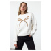 Trendyol Ecru Printed Oversize/Wide Fit Crew Neck Thick Inside Fleece Knitted Sweatshirt