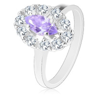 Prsten ve stříbrném odstínu, světle fialové zrnko s čirou zirkonovou obrubou