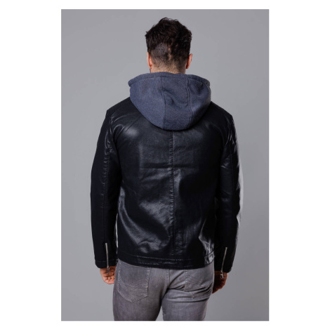 Černá pánská bunda z ekokůže s teplákovou kapucí (11Z8022) J.STYLE